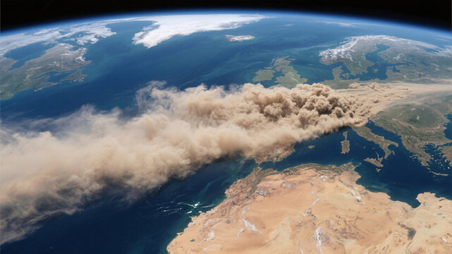 Satellite imagery reveals dramatic movement of Saharan dust cloud stretching across ocean with swirling golden-brown particles - Powered by Adobe