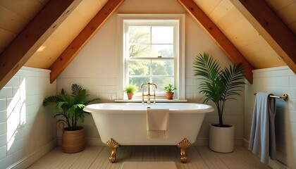 Bathtub in luxury bathroom, Modern bathroom with sunken bathtub, Twilight attic bath freestanding tub, created with generative ai