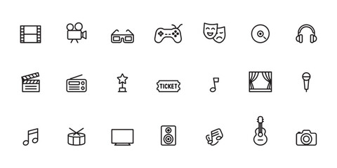 Line Art Entertainment Icons Set &ndash; Vector Illustrations of Film, Music, Theater, and Media Symbols