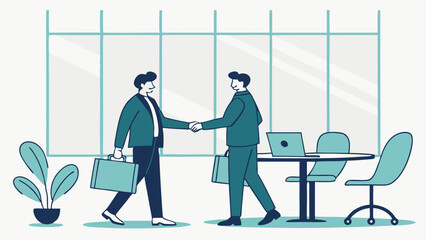 Two business men shaking hands in an office setting with a table, chairs, laptop and a plant in a pot