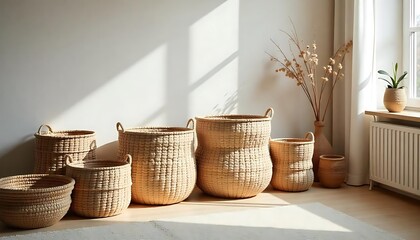 Wicker baskets on concrete floor in sunny modern room, Cozy hygge home style. Fall winter season concept. Close up, copy space., created with generative ai