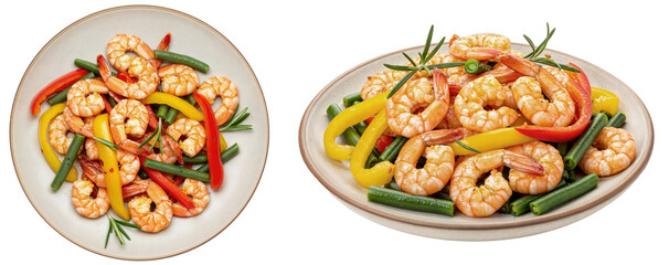 Delicious cooked shrimp with colorful bell peppers and green beans on plates