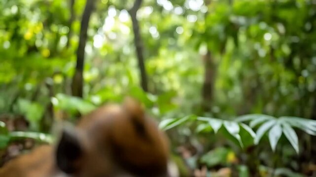 A young monkey enjoys a partially opened fruit while sitting amongst the jungle foliage in a natural environment.