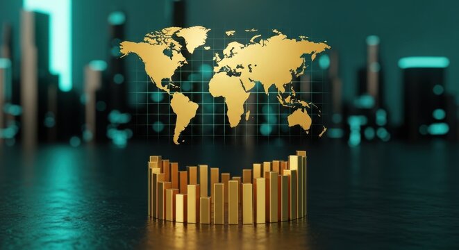 Golden world map above bar graph with city skyline backdrop in teal and black color scheme render