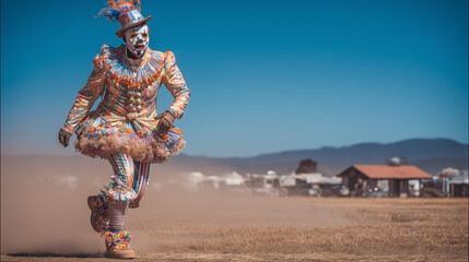 Energetic clown performer runs across dusty festival grounds in colorful costume at Nowhere Festival under vibrant sky