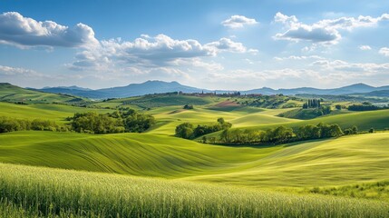 Obraz premium Idyllic tuscan countryside landscape with rolling hills and distant townscape