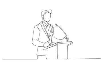 Businessman giving speech continuous single-line art drawing. Man giving speech continuous outline vector.
