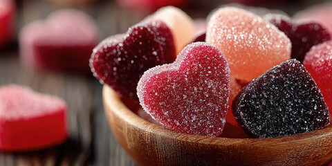 Colorful heart-shaped sugar jelly candies in wooden bowl on rustic table, bright and sweet with close-up texture, perfect for Valentine's Day or dessert themes.