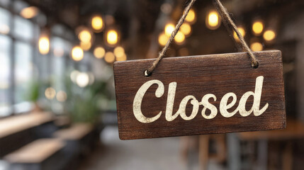 Rustic wooden "Closed" sign hanging on glass with blurred bokeh lights of cozy restaurant interior in background, suggesting temporary business closure or off-hours.