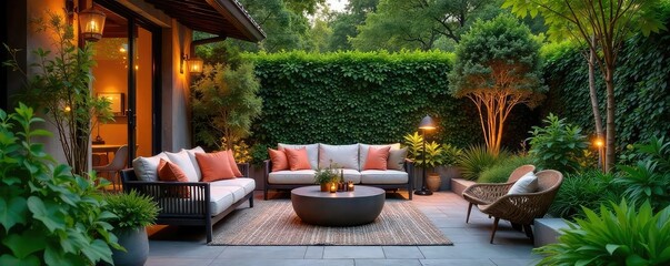 Serene garden patio scene with lush greenery, inviting seating, and ambient lighting  Perfect for relaxation and outdoor entertaining  Enjoy the tranquility and natural beauty ,  beautiful,  backyard