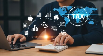 A person working on taxes with a laptop calculator and tax icons overlaid on a world map image