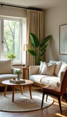 Fototapeta premium Serene living room in a mediation home, featuring calming decor and comfortable seating, ideal for conflict resolution and peaceful discussions , quiet, healing