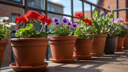 Vibrant geranium blossoms in decorative flowerpots line a charming garden shop wall, celebrating the beauty of nature in spring