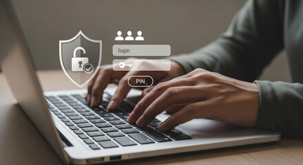 Person typing on a laptop with a security shield and login interface overlayed on the screen image view