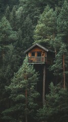 treehouse hidden among tall green pine trees.