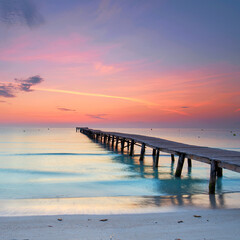 Magnificent Wooden Boardwalk Reaching into the Mediterranean, Bathed in Dazzling Summer Sunrise Hues