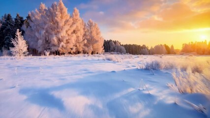 Frozen landscape with snowy trees on a cold winter day with golden sunset sky over a field.