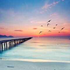 Timeless Wooden Pier Embracing the Mediterranean Horizon at Dawn's Fiery Glow