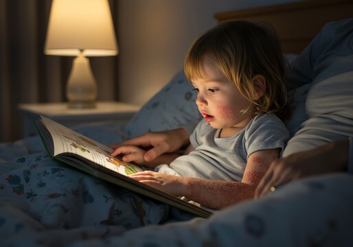 A child with visible eczema on their arms reading a bedtime story with a parent in a softly lit bedroom. Calm and caring atmosphere