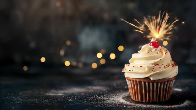 Cupcake with sparkler on dark surface with golden bokeh. Festive dessert for Birthday, party, and New Year celebration. Holiday mood video footage.