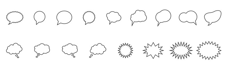 speech bubble and thought balloon vector collection. comic book style outline chat, dialogue, and shout box shapes.