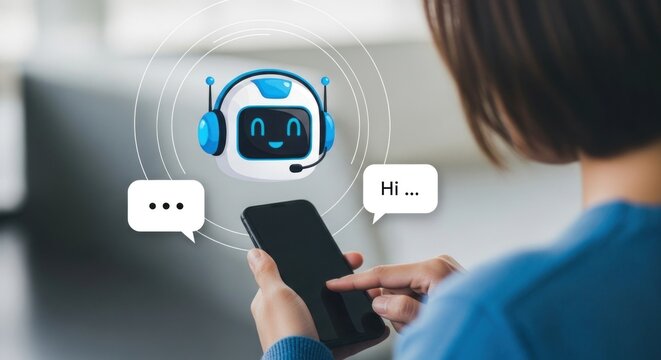 Woman interacting with a chatbot on a smartphone with speech bubbles and a cartoon robot avatar