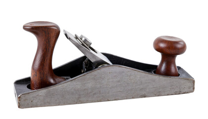 Vintage metal hand planer with wooden handles isolated on white background used for woodworking and surface smoothing