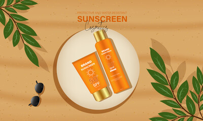 Sunscreen tube and bottle with leaves vector illustration, beauty cosmetics promotion template, sunscreen cosmetics ad horizontal banner design.
