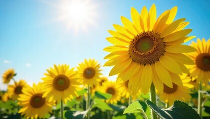 Fototapeta premium Vibrant sunflowers bask in the warm glow of summer sunshine, their bright yellow petals reaching for the sky A picturesque scene of nature's beauty and the joy of summer , outdoor, sunny, sunflowers