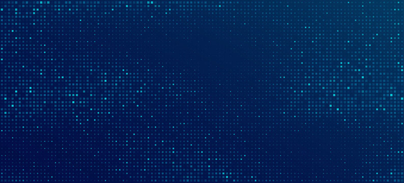 Abstract blue pixel pattern for Business or Technology background. Digital data with futuristic glittering dots for cryptocurrency backdrop. Tech pixels for online webinar. Vector illustration.