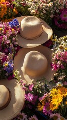 Market flowers and sun hats.