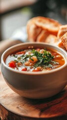 A warm bowl of soup with fresh bread on a table.
