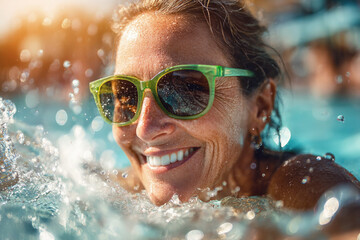 Smiling woman wearing green sunglasses swimming in a pool, enjoying summer, sunshine, and water splashes in a vibrant and joyful vacation moment.