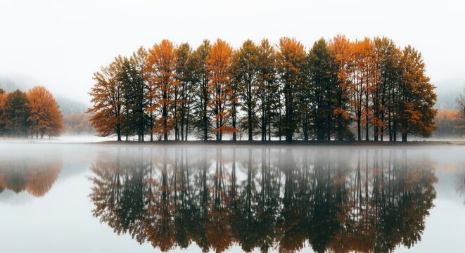 A row of trees with autumn foliage reflected in the still water on a misty morning landscape scene - Powered by Adobe