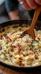 stirring carbonara sauce with parmesan topping.