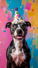 Dog with a cake and party hat on a vibrant background.