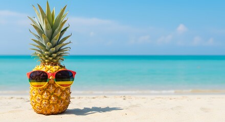 Fun pineapple in sunglasses on sunny beach