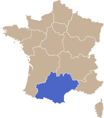 Obraz premium Carte de France avec région Occitanie