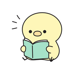 座って読書していたら、何かに気づく可愛いひよこのイラスト © Nitomaru