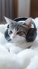 Cat with soap foam listening to music.