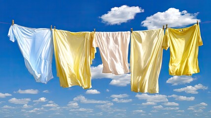 Colorful shirts drying under a bright blue sky
