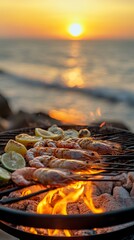 Grilled seafood by ocean, sunset.