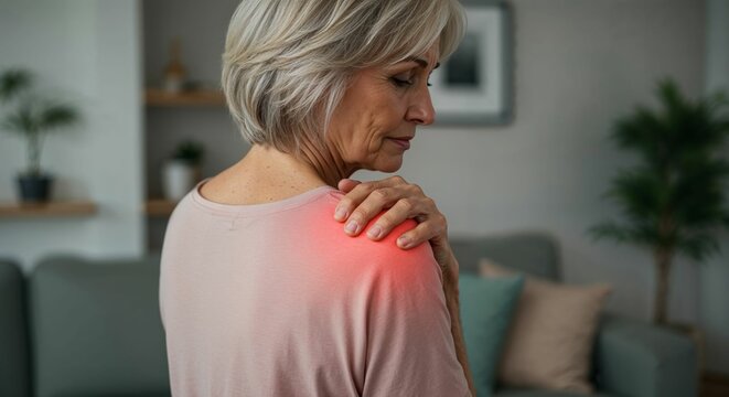 Senior Caucasian woman sitting indoors with hand on shoulder showing discomfort, red glow highlighting shoulder pain in cozy home environment