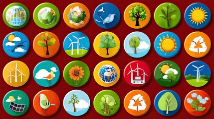 Colorful environmental icons representing sustainability and nature