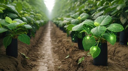 Lush plants with glowing connections in a vibrant greenhouse