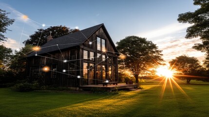 Modern farmhouse with sunset and digital network overlay