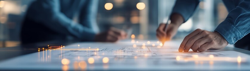 Architects collaborating in a digital workspace with glowing interactive blueprints, sharp focus, vibrant tones