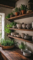 A rustic kitchen with wooden shelves and herbs.