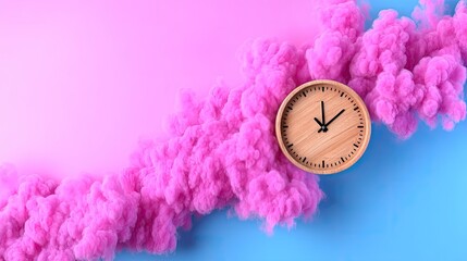 Creative clock design amidst vibrant pink and blue smoke
