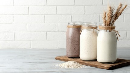 Assorted nutritious smoothies in glass bottles on wooden board